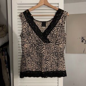 j.t.b. Lace Trim Animal Print Sleeveless Blouse | Beige & Black | L | Y2K